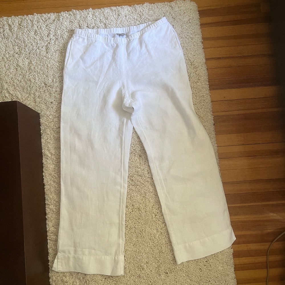 J. Jill Womens Linen Pants Wide Leg Size Medium Tall White Pull On Elastic Waist